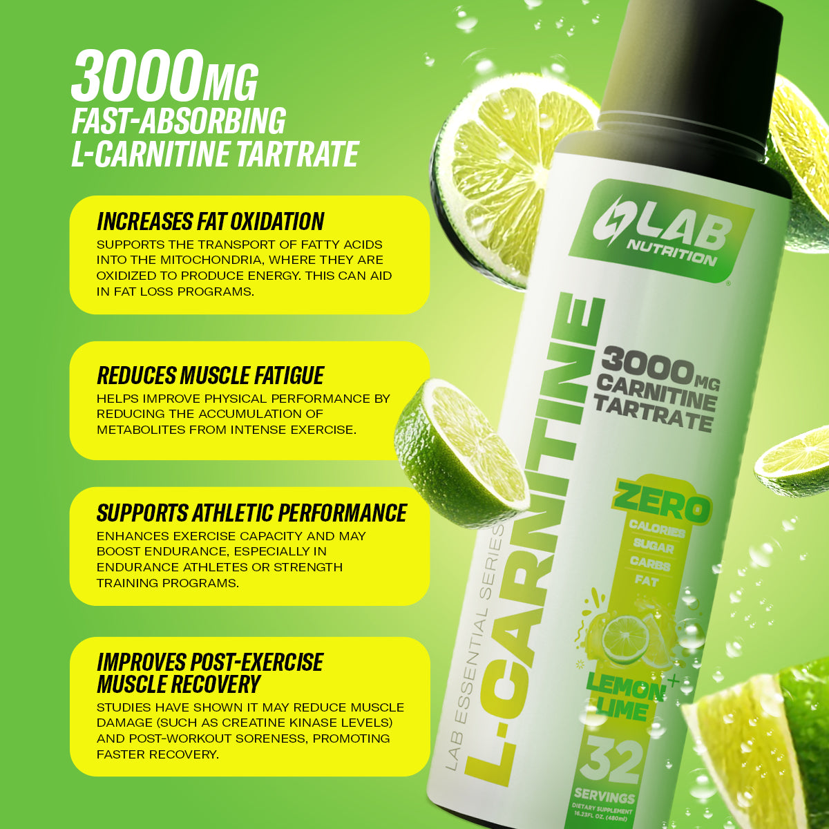 L-CARNITINE 3000 MG LIQUID PRESENTATION, SUPPLEMENT DRINK - 32 SERVINGS LEMON LIME